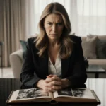 Lori Loughlin clutching worn photo album with tears and tension showing on her face in modern living room