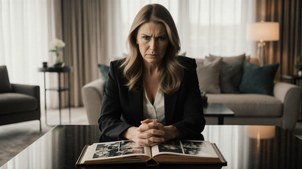 Lori Loughlin clutching worn photo album with tears and tension showing on her face in modern living room
