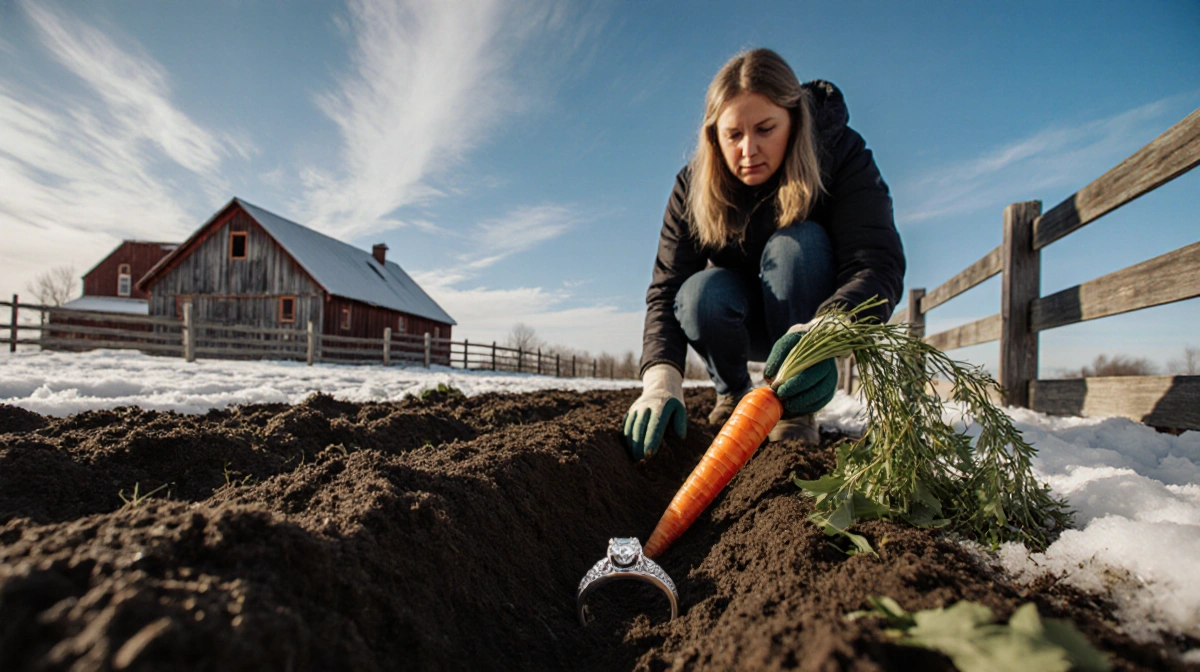 Lori Vosters kneels by fence with carrot in hand and wedding ring lying in soil