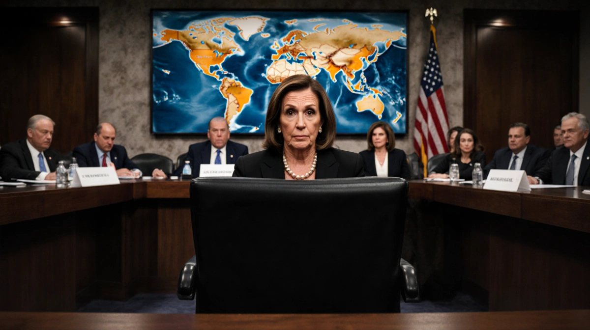 Senator looking at camera with dimly lit committee room and a large South America map featuring Venezuela