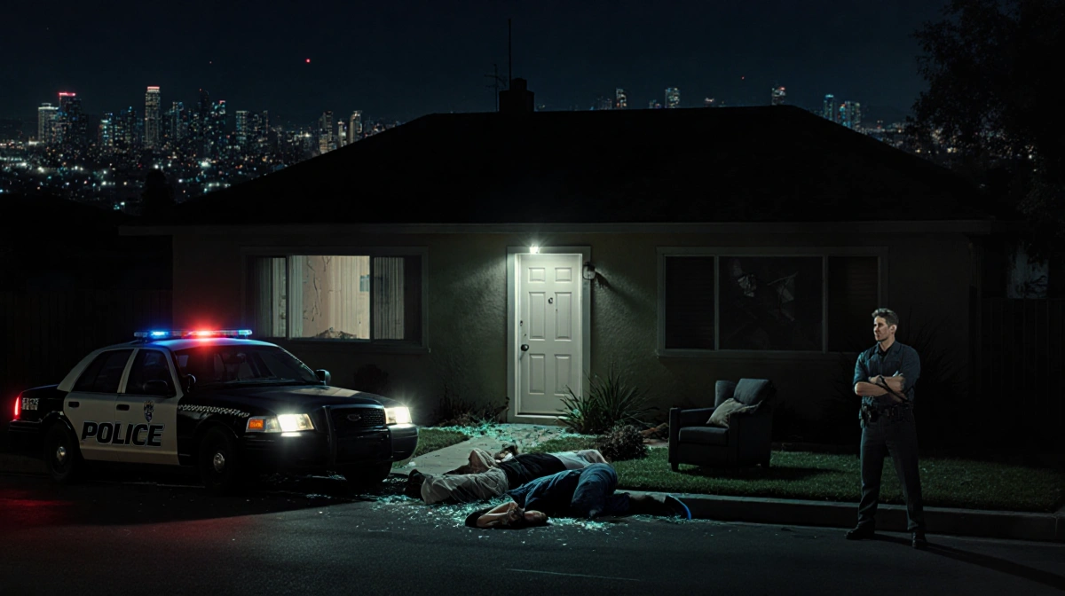 Police officer stands with handcuffed suspect near open door with bodies visible inside and patrol car lights flashing