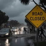 Pedestrians scrambling away from flooded intersection with a yellow Road Closed sign hanging from a tree branch
