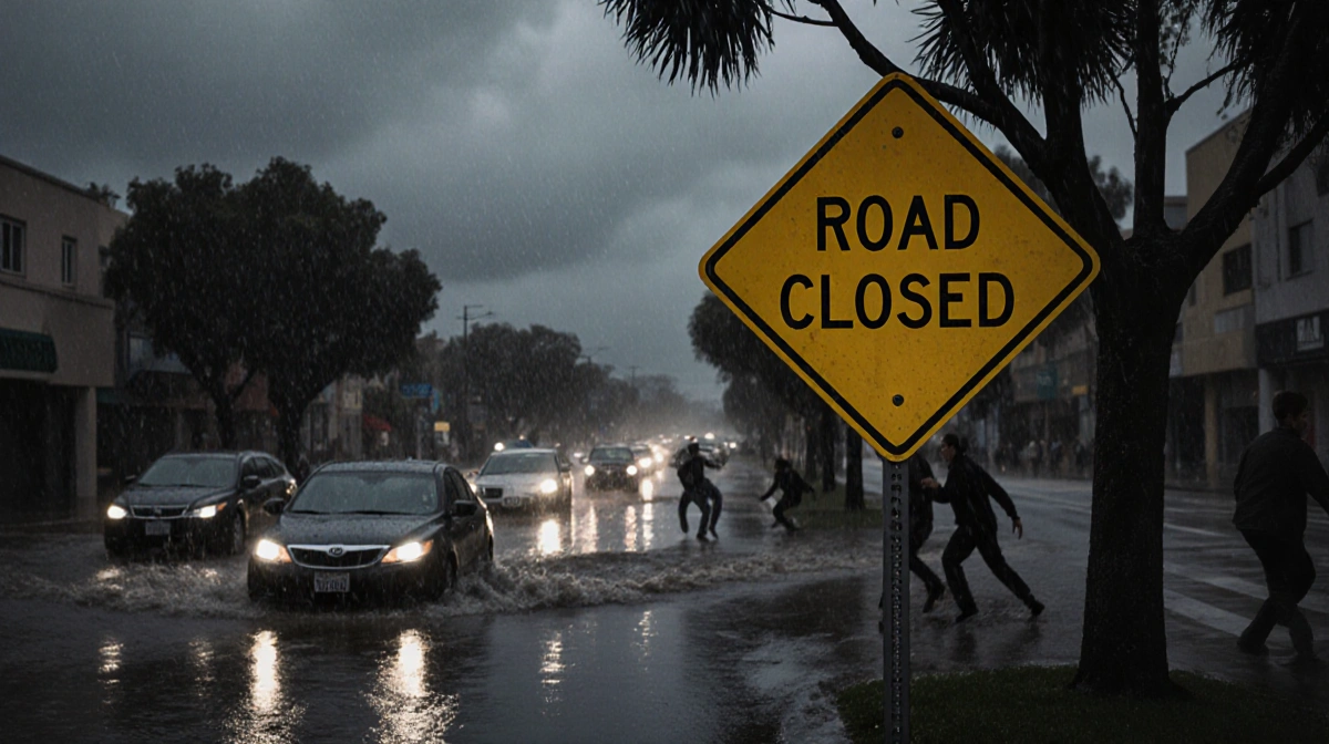 Pedestrians scrambling away from flooded intersection with a yellow Road Closed sign hanging from a tree branch