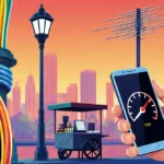 Fiber-optic cable wraps around vintage lamppost with wireless antenna rising from smartphone and cable box on vendor cart