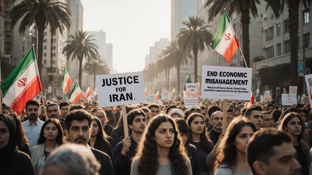 Diverse protesters march with Justice for Iran signs and flags showing solidarity on crowded Los Angeles street
