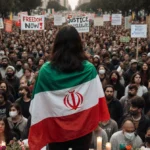 Young woman with Iranian flag speaks to diverse crowd at Los Angeles protest with freedom banners and flowers