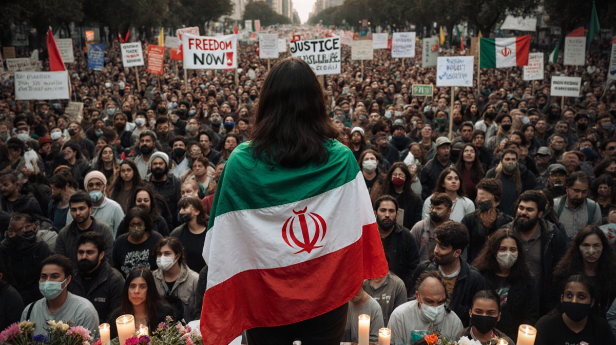 Young woman with Iranian flag speaks to diverse crowd at Los Angeles protest with freedom banners and flowers