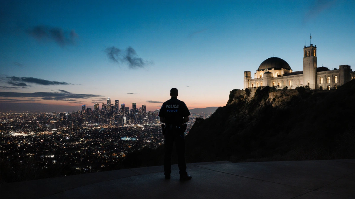 Lone figure stands under Griffith Observatory at dusk with LA skyline glowing and police patrol car visible in distance