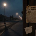 Faded police report pinned to wooden board with scattered 1970s newspaper headlines under flickering streetlamp
