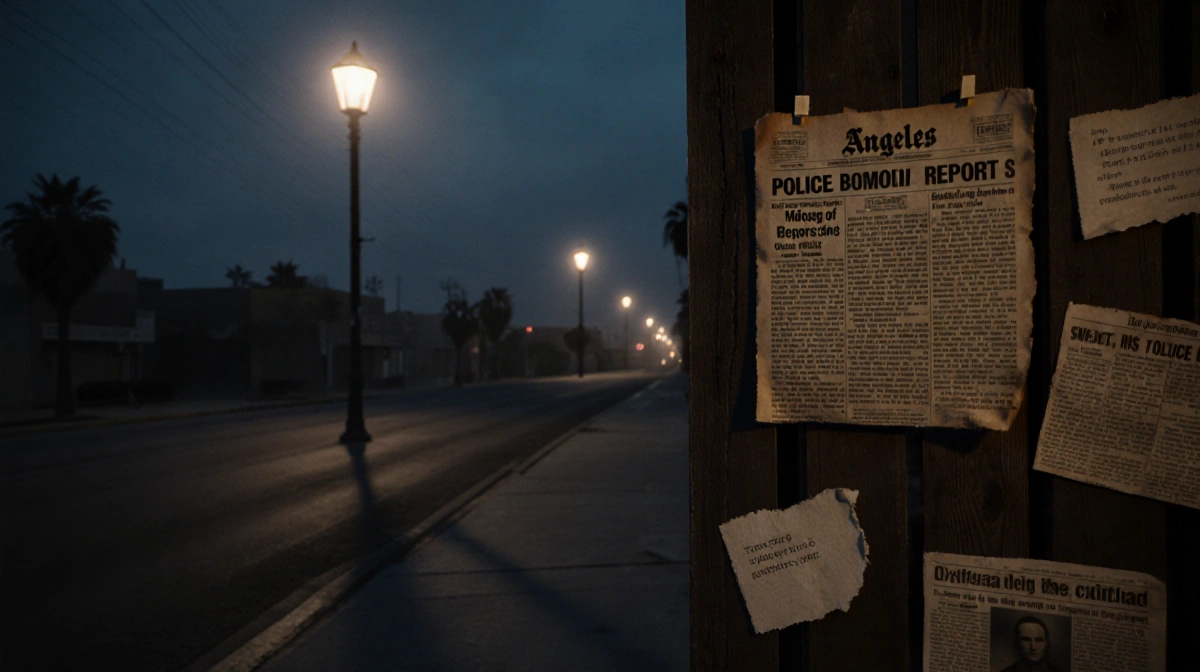 Faded police report pinned to wooden board with scattered 1970s newspaper headlines under flickering streetlamp