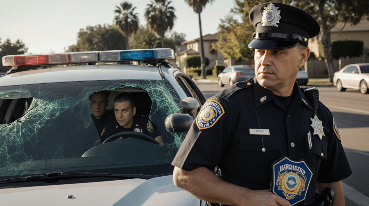 Police officer arriving at crash scene with badge displayed and cracked vehicle in suburban street
