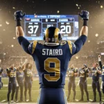 Matthew Stafford lifts his arms high with Rams teammates and fans behind him as SoFi Stadium screen shows 37-20 scoreboard
