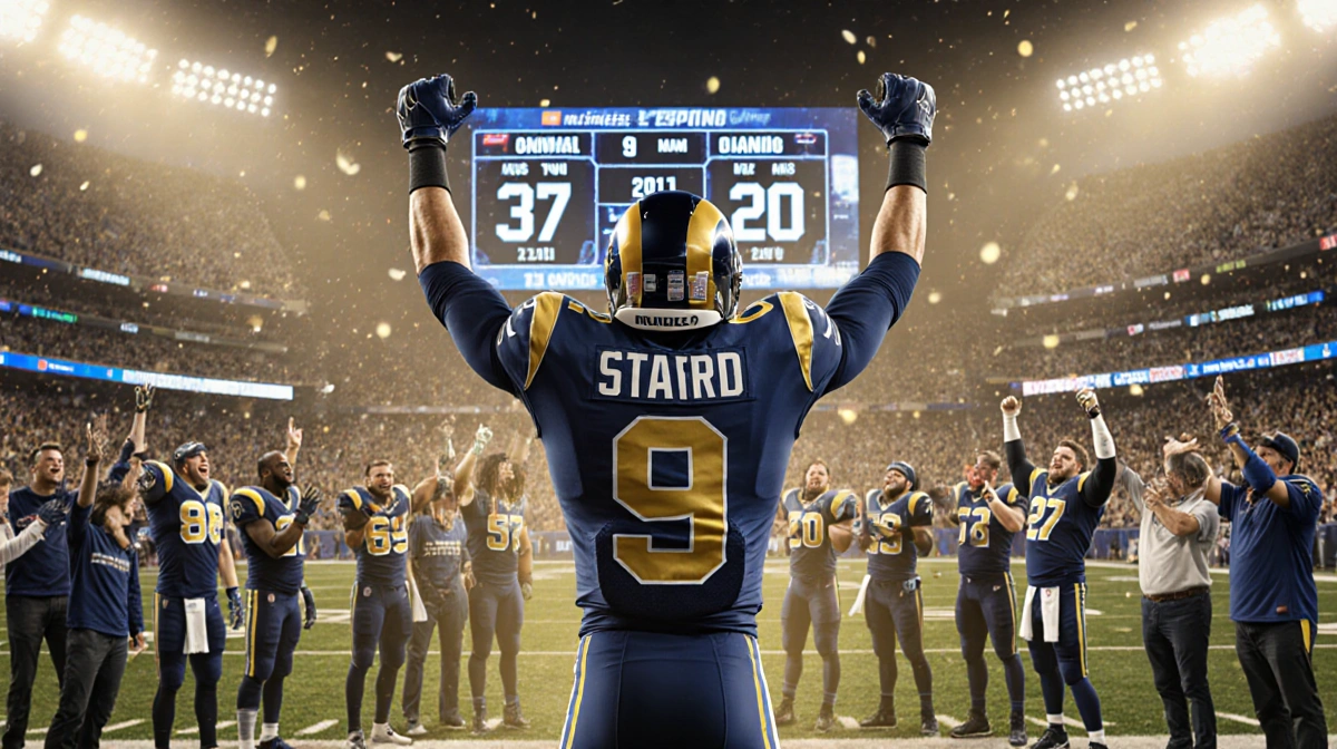 Matthew Stafford lifts his arms high with Rams teammates and fans behind him as SoFi Stadium screen shows 37-20 scoreboard