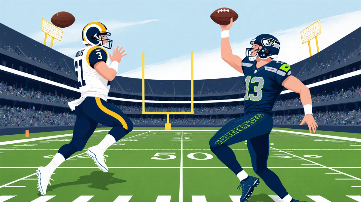 Rams quarterback throws a touchdown pass with Seahawks quarterback attempting a last-second Hail Mary crowded football stadiu