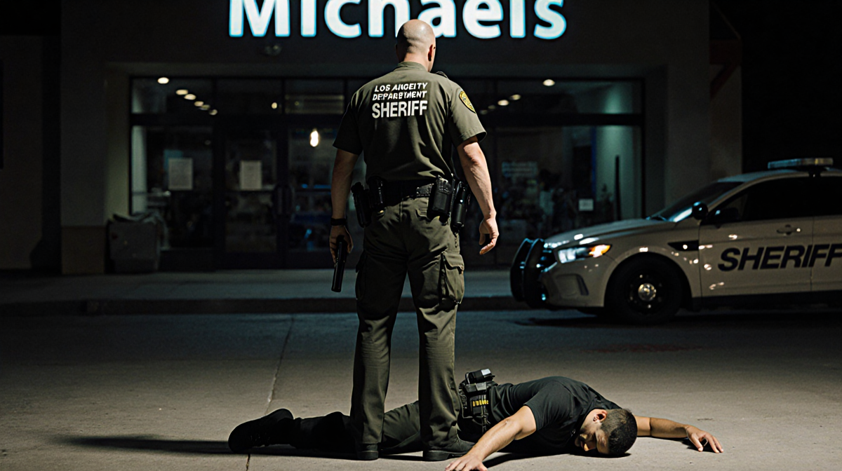 Deputy standing with gun confronting suspect lying on ground with Michaels storefront in darkened background