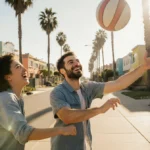 Two young friends playing catch on a sunny Los Angeles sidewalk with palm trees and colorful buildings behind them