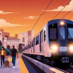 Elevated subway train speeds through Sepulveda Pass with commuters stepping off near UCLA campus and palm trees