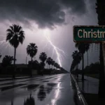 Rain‑slick street sign reads Christmas Eve with lightning reflections in puddles on wet Los Angeles streets at dusk.