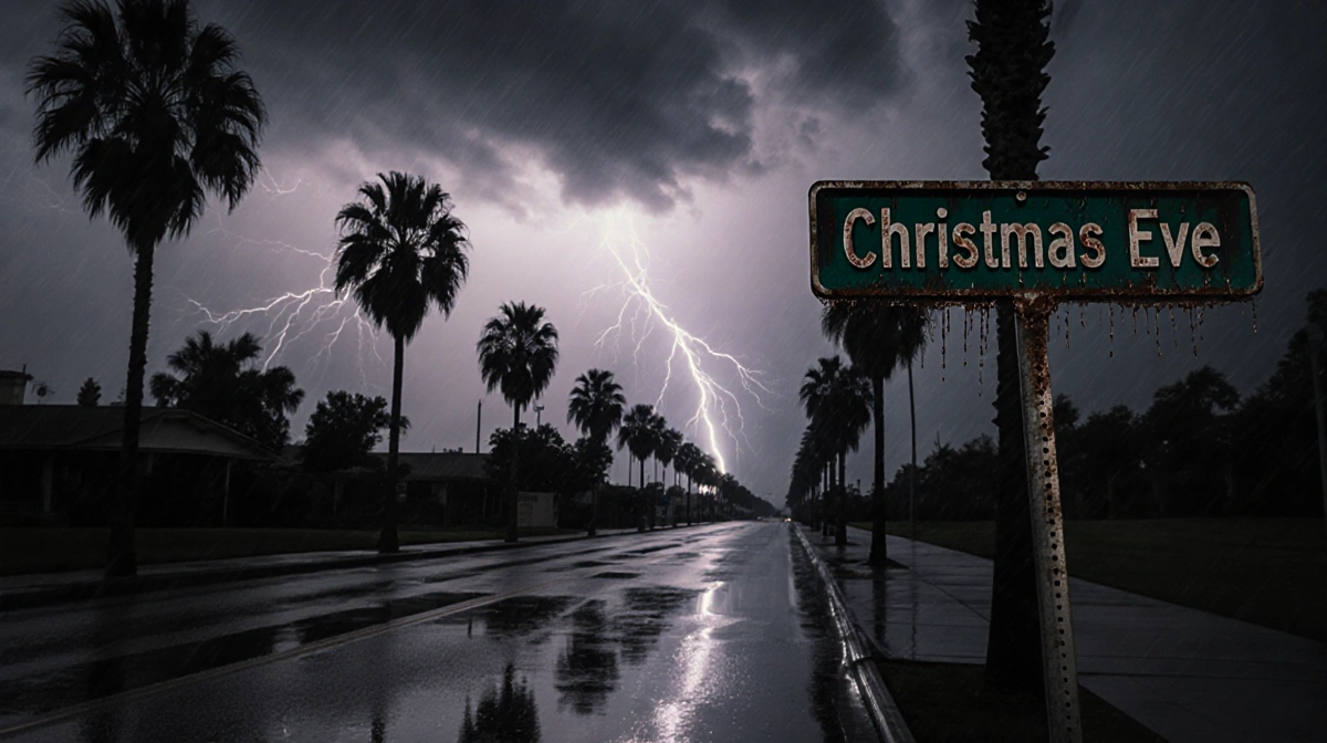 Rain‑slick street sign reads Christmas Eve with lightning reflections in puddles on wet Los Angeles streets at dusk.