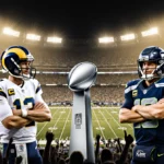 Rams and Seahawks quarterbacks face the NFC Championship trophy with fans holding flags and stadium lights golden.