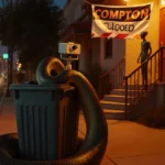 Python coiling around dumpster with alien figure standing nearby and Los Angeles skyline at dusk.
