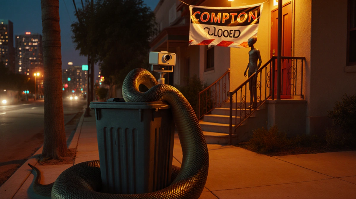 Python coiling around dumpster with alien figure standing nearby and Los Angeles skyline at dusk.