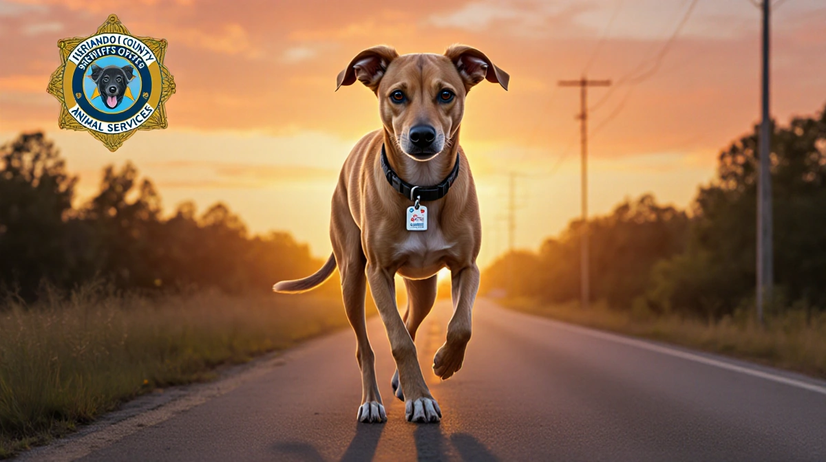 Thin dog walking along rural road at dusk with microchip tag on collar and Hernando County Animal Services logo visible
