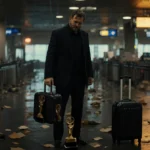 Disheveled actor holding torn Golden Globe case amid airport security checkpoint on wet floor.