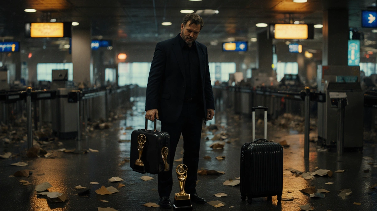Disheveled actor holding torn Golden Globe case amid airport security checkpoint on wet floor.