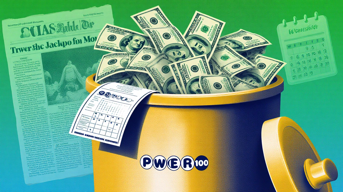 Overflowing lottery jackpot money bin spills $100 bills with Powerball logo and lucky tickets visible