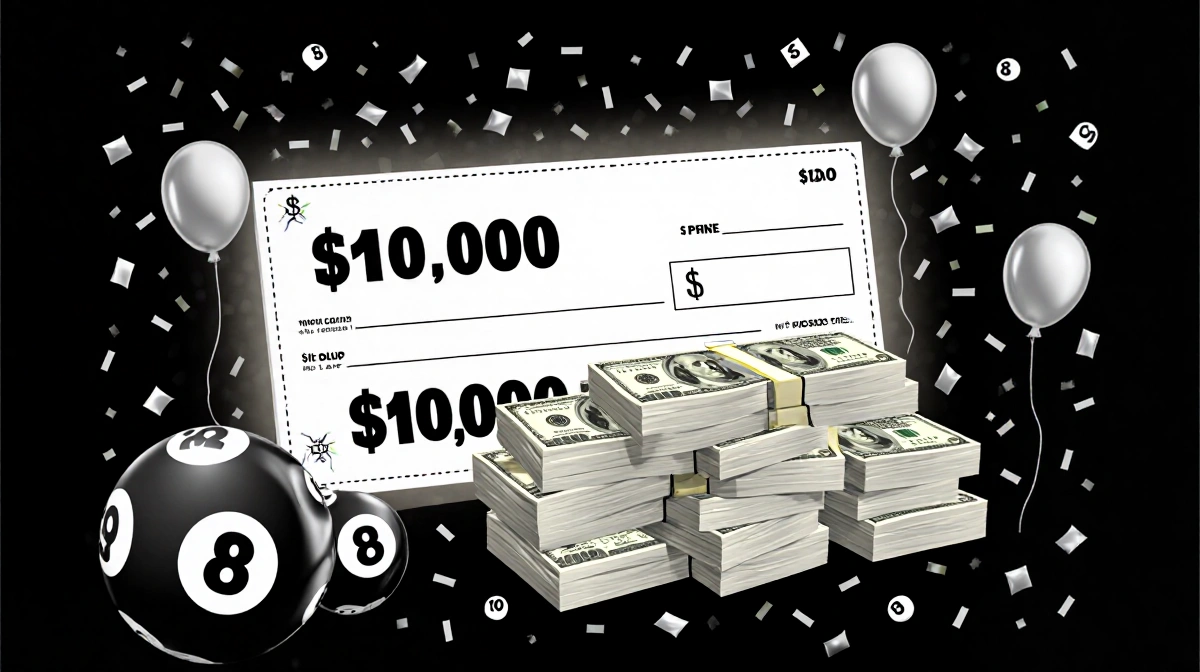 Stack of cash celebrating lottery win with confetti and balloons against glowing check background