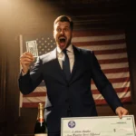 Winner holding lottery ticket with golden light on face and American flag behind
