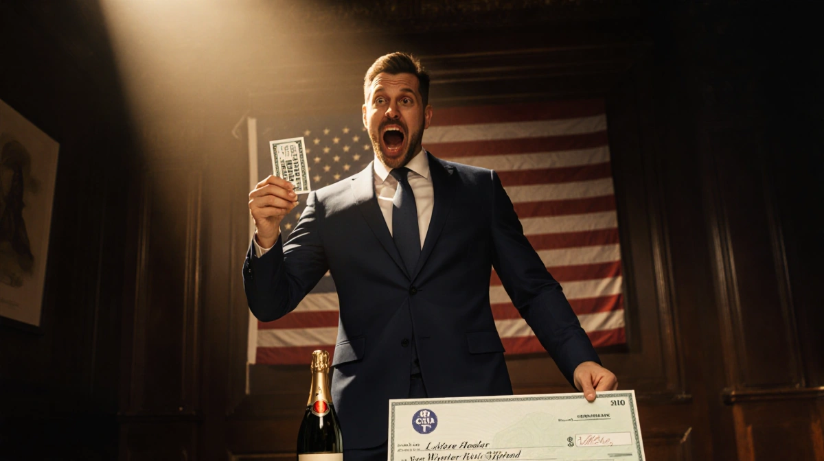Winner holding lottery ticket with golden light on face and American flag behind
