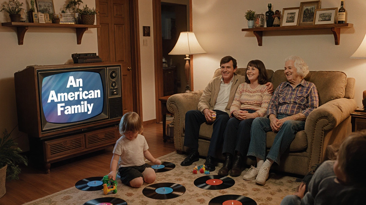 Tom and Pat Loud smile on couch with 1970s TV showing An American Family and children playing nearby