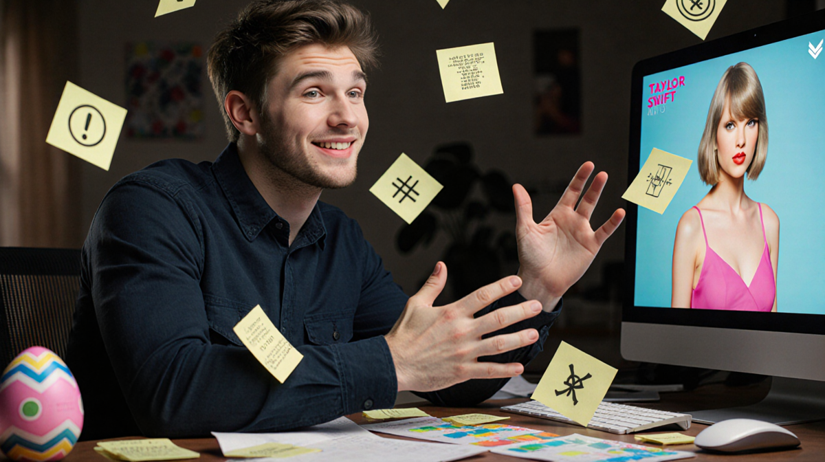 Louis Tomlinson sits before computer with look surrounded promo materials and Easter egg clues near Taylor Swift artwork.