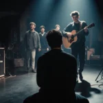 Louis Tomlinson sits alone in recording studio with One Direction equipment and Harry Styles walking away with guitar