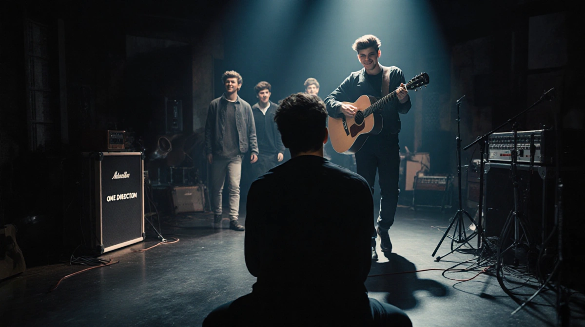 Louis Tomlinson sits alone in recording studio with One Direction equipment and Harry Styles walking away with guitar