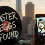 Hand holding phone showing Louis Tomlinson fan art with vinyl record and Easter Eggs Found graffiti in cityscape.