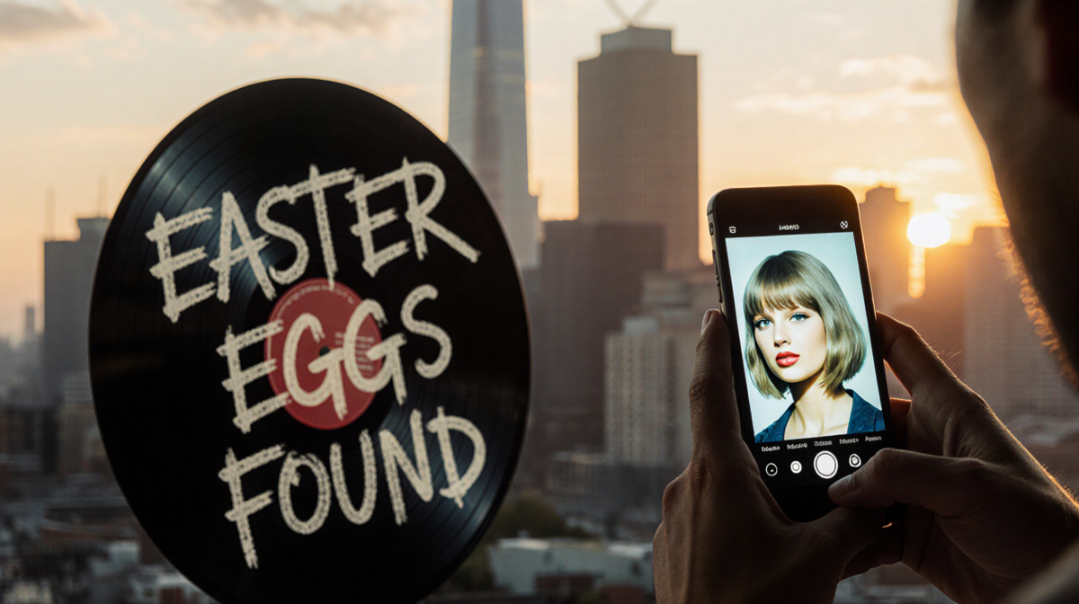 Hand holding phone showing Louis Tomlinson fan art with vinyl record and Easter Eggs Found graffiti in cityscape.