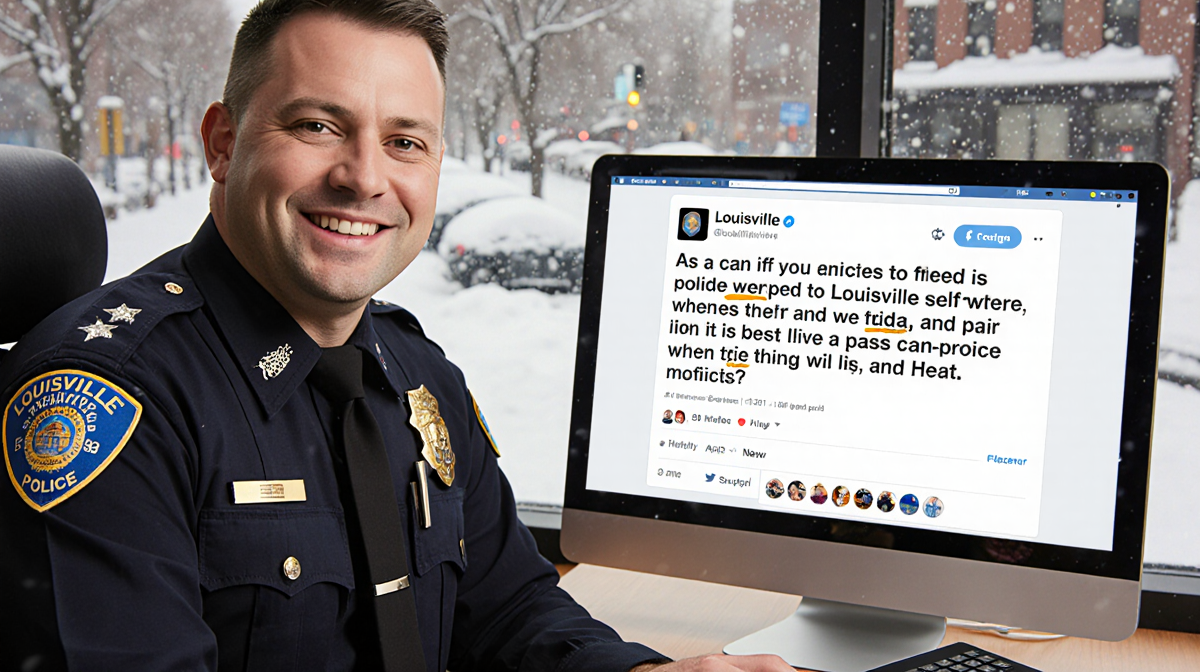 Louisville police officer sits at desk with a computer screen showing a meme about snow-covered streets