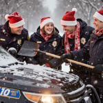 Louisville police officers holding shovels with winter gear clearing snow from a car with falling snowflakes