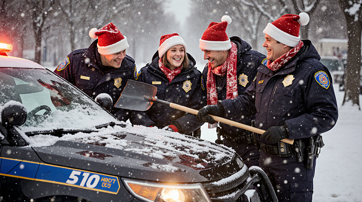 Louisville police officers holding shovels with winter gear clearing snow from a car with falling snowflakes