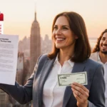 Woman holding insurance claim check and contract with partner standing beside her against city skyline at sunset