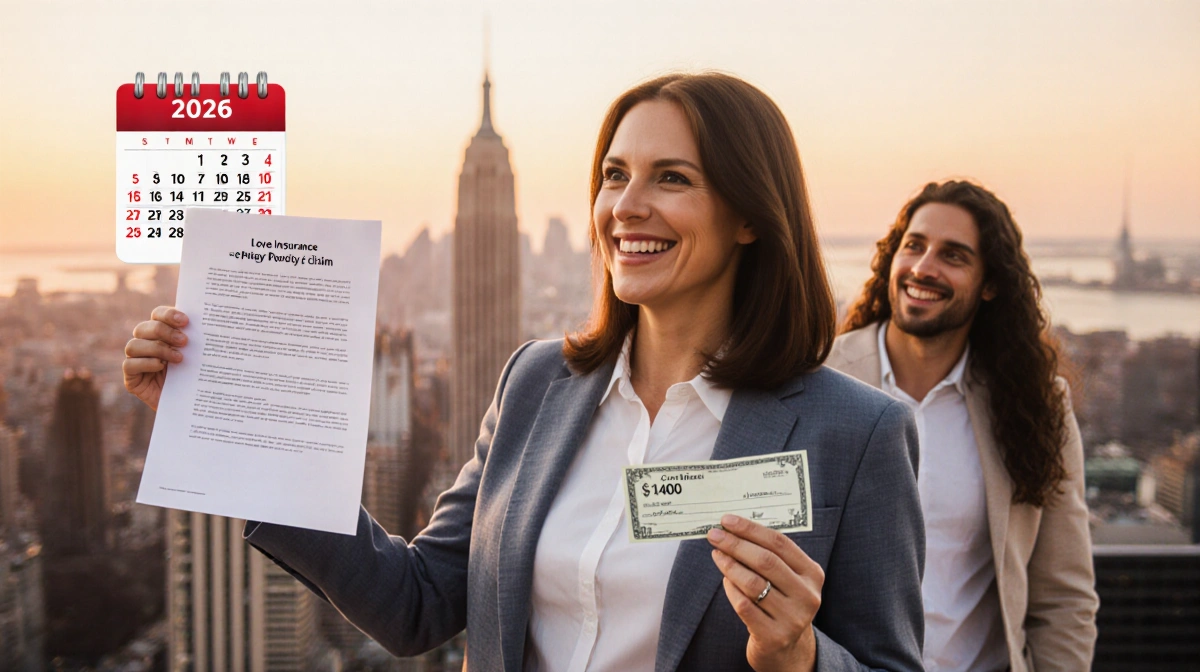 Woman holding insurance claim check and contract with partner standing beside her against city skyline at sunset