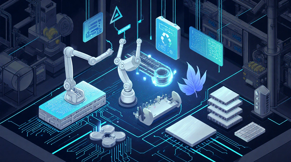 Robots assembling recycled metal and plant-based composites with glowing blue circuitry lines and futuristic AI patterns.