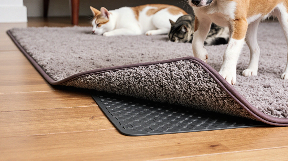 Small dog jumping onto soft living room rug with cats napping peacefully on hardwood floor