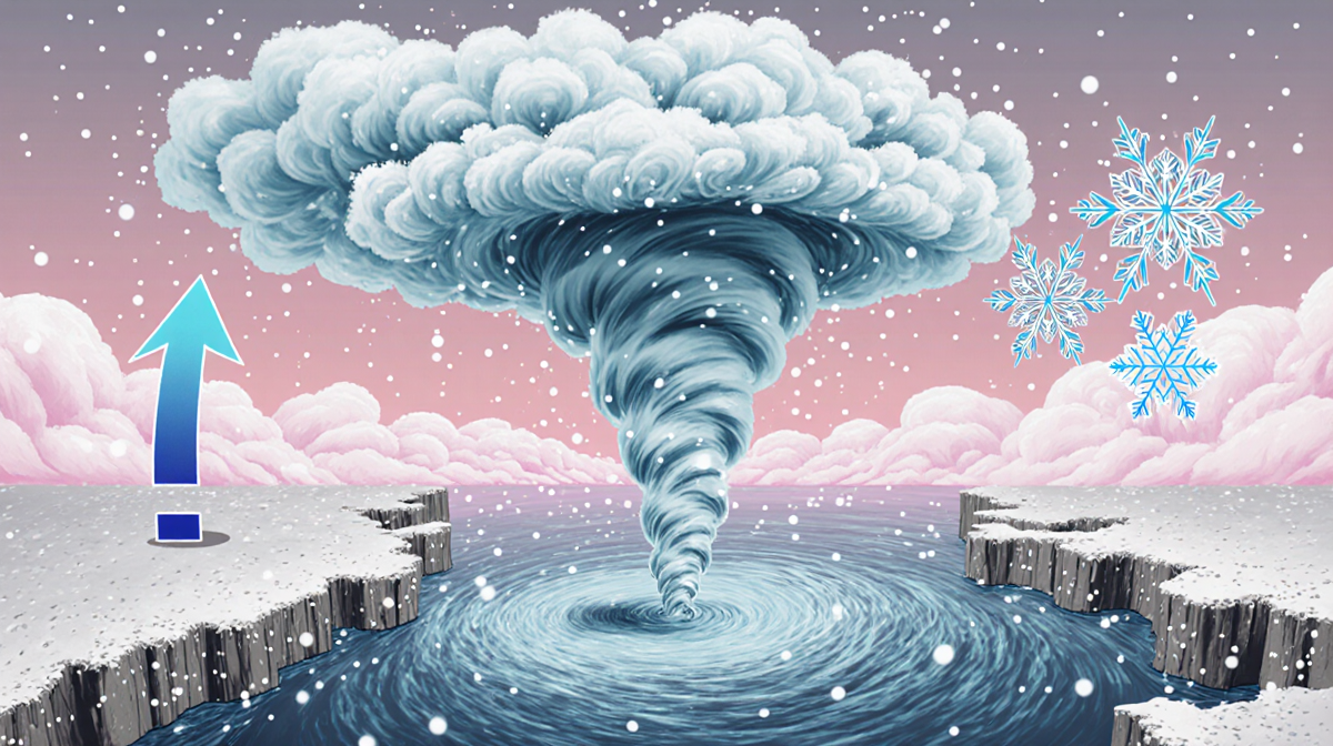 Swirling vortex of icy blue clouds with bombogenesis arrow and snowflake column over Mid-Atlantic coast surrounded by pale pi