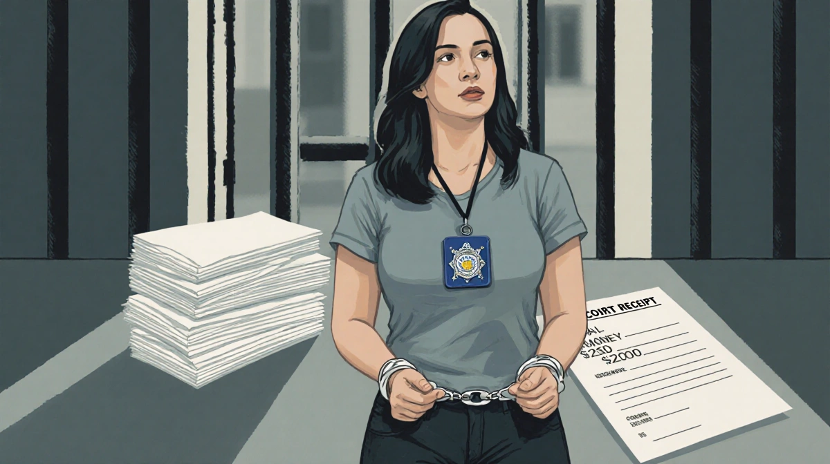 Woman stands in handcuffs with police badge around her neck outside courthouse entrance and bail receipt showing $25,000