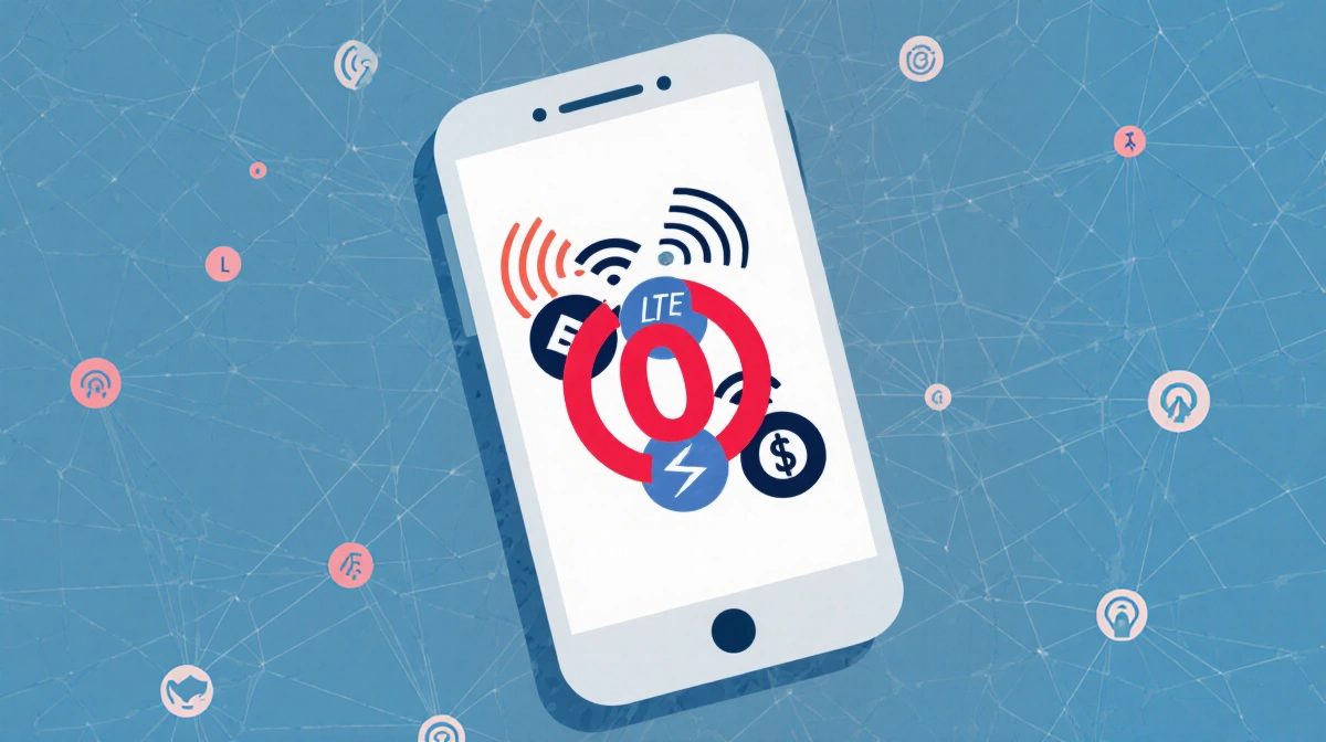Smartphone shows red zero over LTE and 5G icons with faint network signals in background
