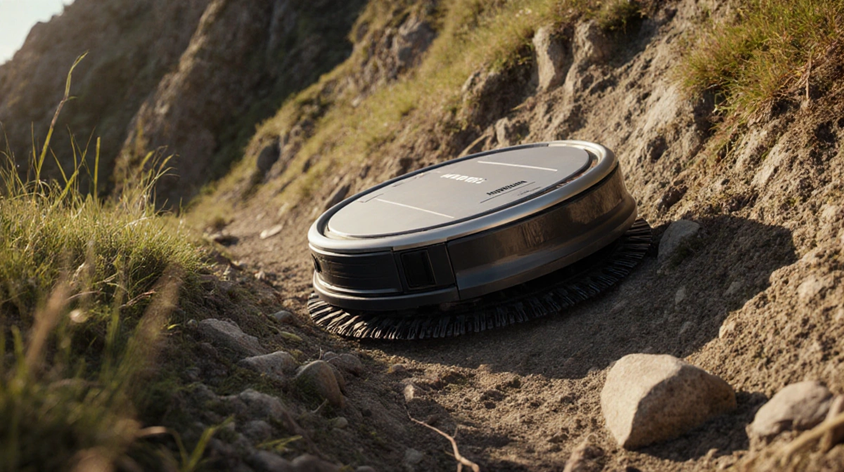 Luba 3 AWD robot lawn mower climbs steep rocky hillside with cutting blade spinning and sunlight casting long shadows